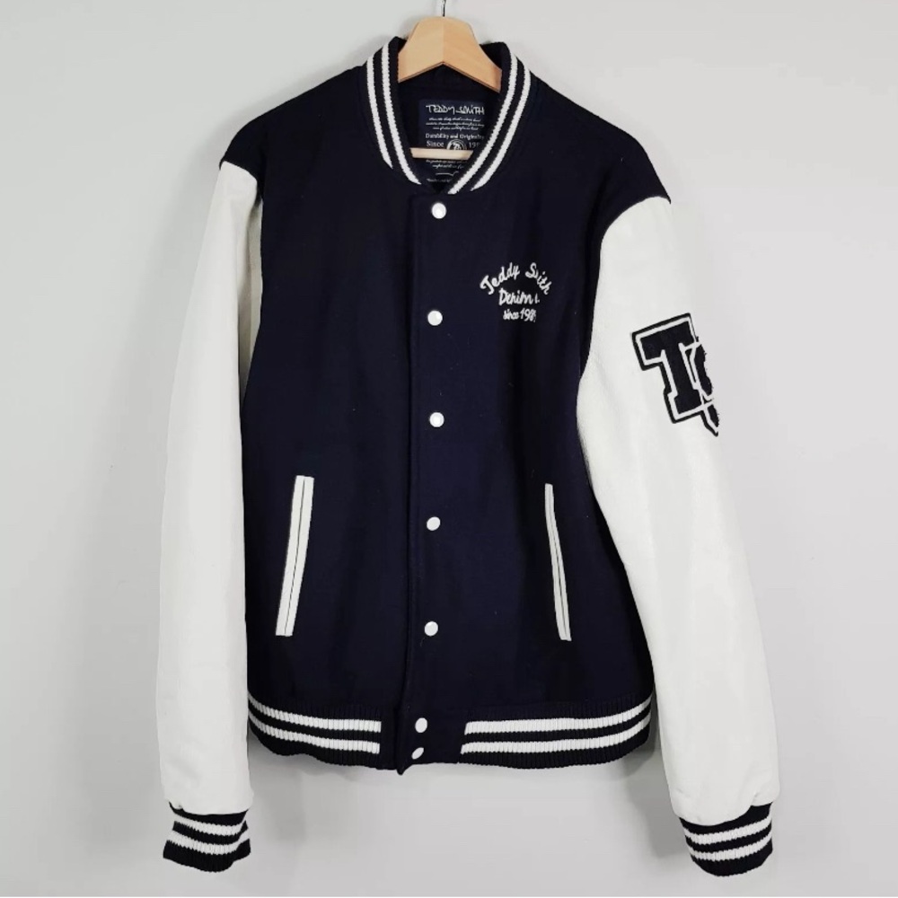 TEDDY SMITH Small 12 Wool W/white Leather Sleeves Varsity Bomber Jacket